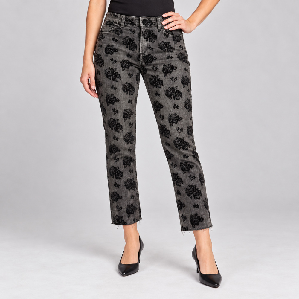Chico’s Platinum Jeans 0.5 US 6 Gray Black Flocked Rose Floral Cropped Raw Hem
